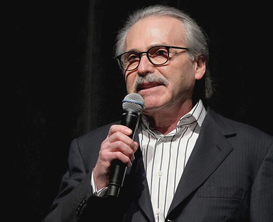 FILE - David Pecker, chairman and CEO of American Media, speaks at an event, Jan. 31, 2014 in New York. Pecker is The National Enquirer's former publisher and a longtime friend of Donald Trump. Prosecutors say he met with Trump and Trump's former lawyer Michael Cohen at Trump Tower in August 2015 and agreed to help Trump's campaign identify negative stories about him. (Marion Curtis via AP, File)