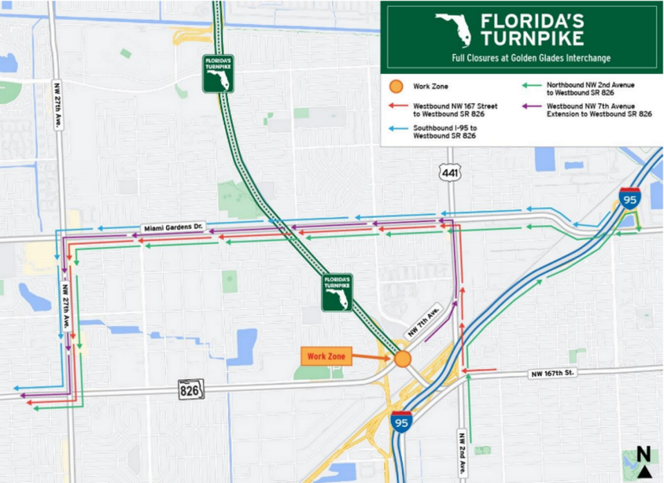 The closures at the Golden Glades Interchange are scheduled from 9 p.m. to 5 a.m. Monday through Thursday.