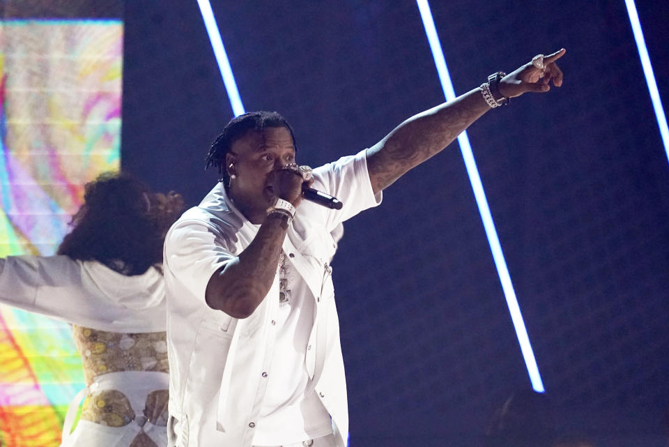 FILE - Moneybagg Yo performs at the BET Awards in Los Angeles on June 27, 2021. The Memphis rapper is releasing his fifth studio album, “Speak Now." (AP Photo/Chris Pizzello, File)