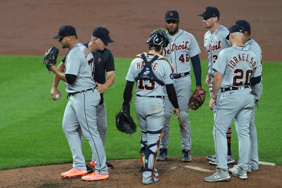 Tigers manager A.J. Hinch removes pitcher Joe Jimenez in the seventh inning of the Tigers' 3-2 win over the Orioles on Tuesday, Sept. 20, 2022, in Baltimore.