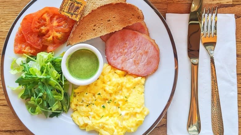 eggs with toast, meat