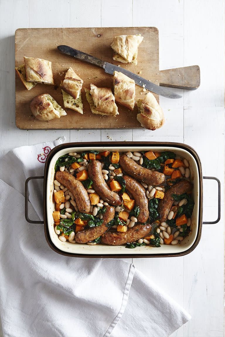 Roasted Sausages and Sweet Potato-White Bean Stew