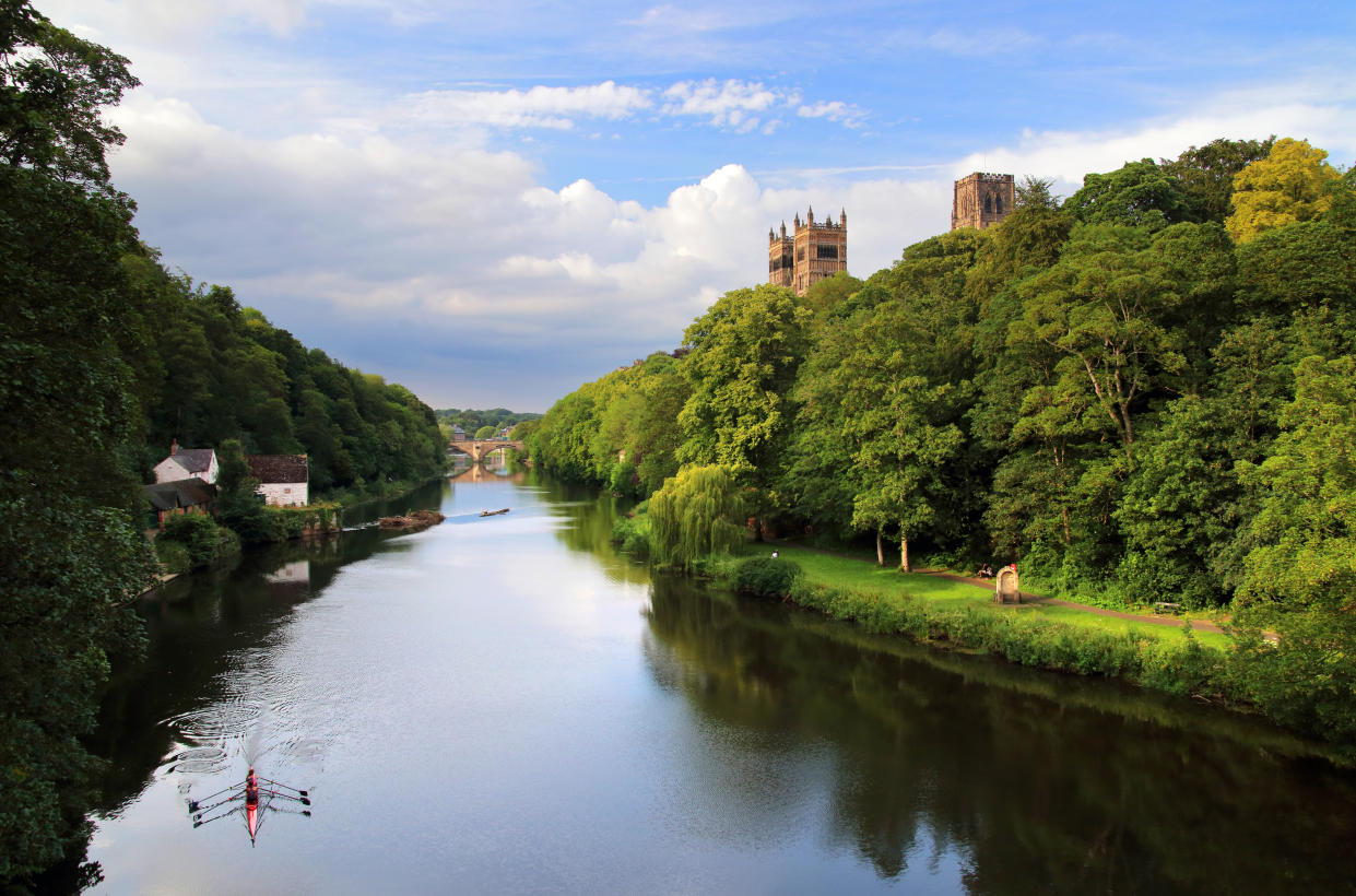 A view of Durham Cathedral from Prebends Bridge, one of the crossings over the River Wear found in the city.