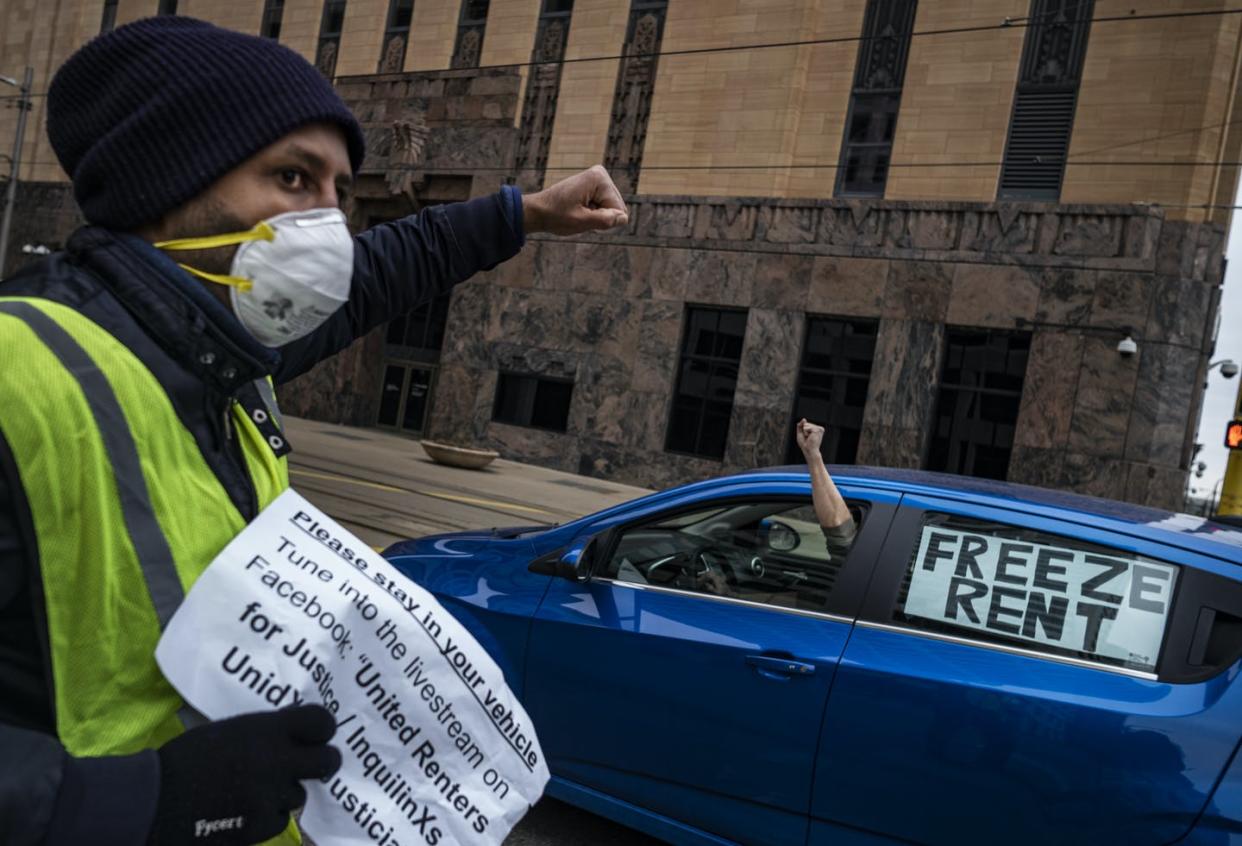 <span class="caption">Protesters demanding a freeze on rents in Minneapolis. </span> <span class="attribution"><a class="link " href="https://www.gettyimages.com/detail/news-photo/minneapolis-mn-april-8-tenant-right-advocates-including-news-photo/1217706737?adppopup=true" rel="nofollow noopener" target="_blank" data-ylk="slk:Richard Tsong-Taatarii/Star Tribune via Getty Images;elm:context_link;itc:0;sec:content-canvas">Richard Tsong-Taatarii/Star Tribune via Getty Images</a></span>