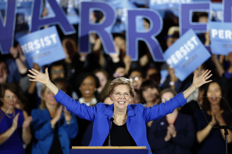 FILE - In this Nov. 6, 2018, file photo, Sen. Elizabeth Warren (D-Mass.) gives her victory speech at a Democratic election watch party in Boston. Even before they announce their White House intentions, New Hampshire&rsquo;s ambitious neighbors are in the midst of a shadow campaign to shape the nation&rsquo;s first presidential primary election of the 2020 season.&nbsp; (Photo: ASSOCIATED PRESS)