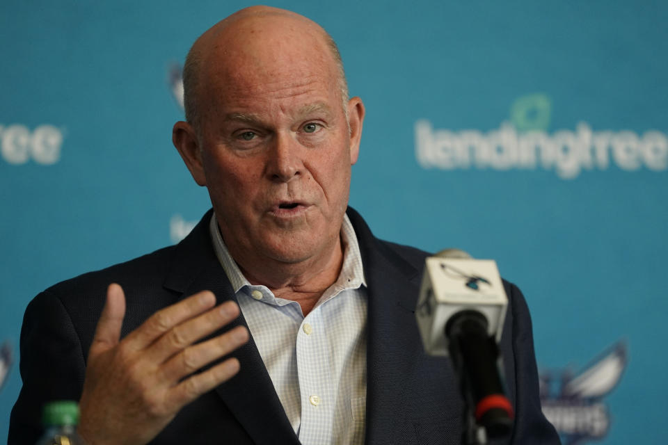 Charlotte Hornets NBA basketball team new head coach Steve Clifford talks during a news conference on Tuesday, June 28, 2022, in Charlotte, N.C. (AP Photo/Chris Carlson)