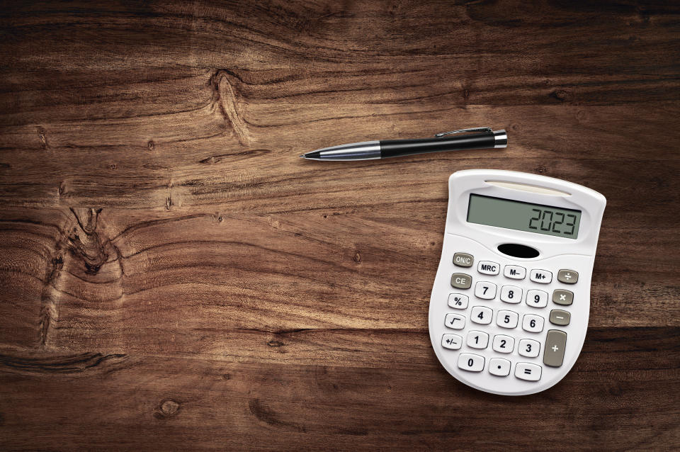 Overhead view of 2023 calculator on desk