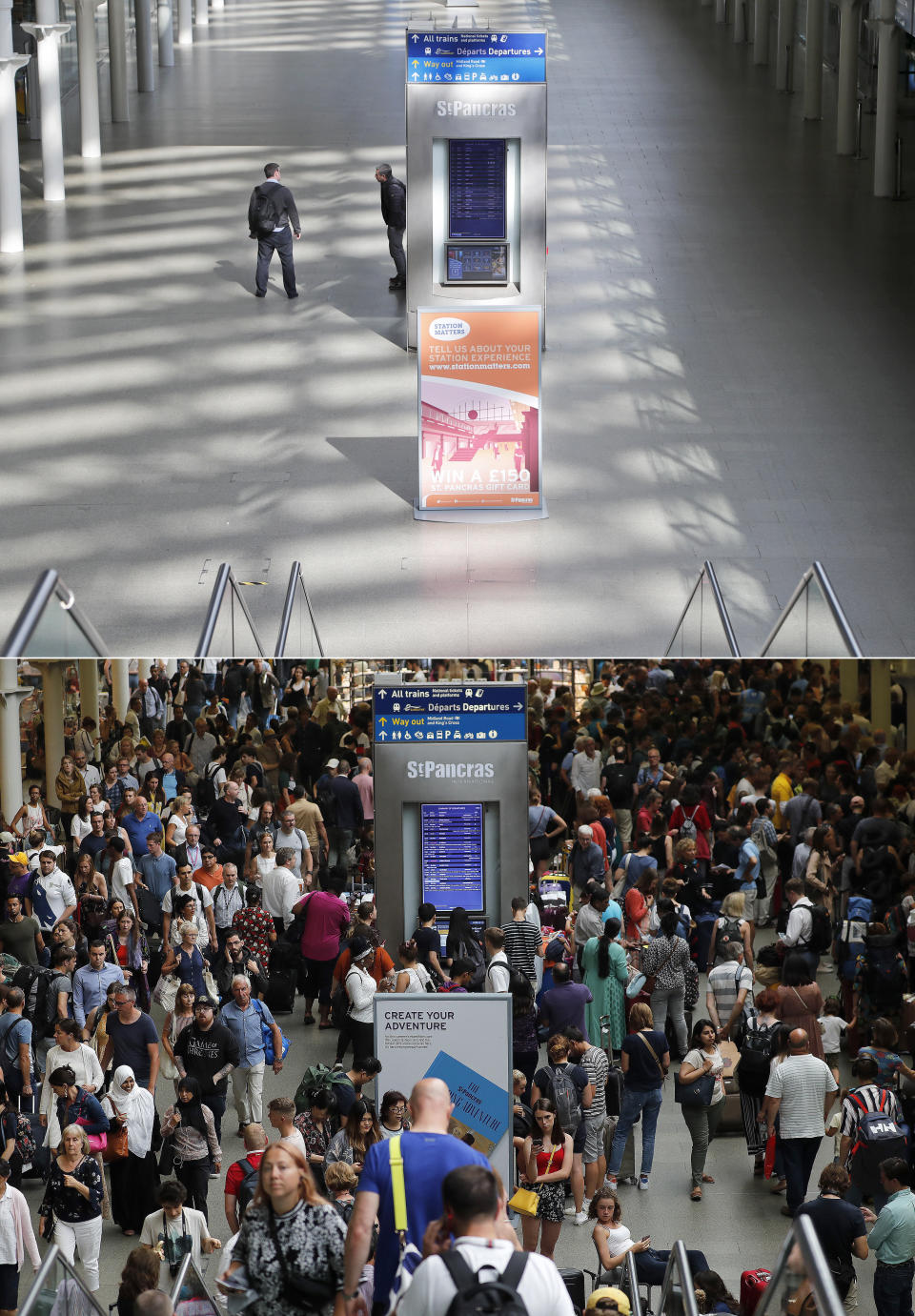 A combo of images shows people milling around at St Pancras International train station, in London on Friday, July 26, 2019 and the empty scene taken from the same angle on Thursday, April 2, 2020. When Associated Press photographer Frank Augstein moved to London in 2015, what struck him most was the crowds. Augstein revisited in recent days many of sites he has photographed, after Britain — like other countries around the world — went into effective lockdown to stem the spread of the new coronavirus. (AP Photo/Frank Augstein)