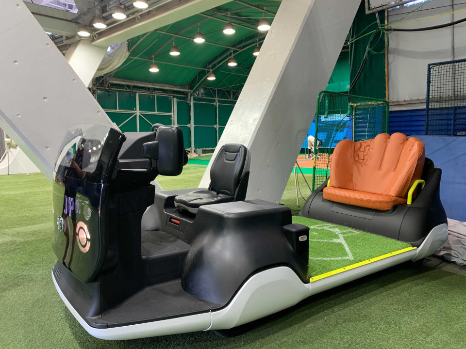 A behind-the-scenes look at the baseball mitt bullpen cart being used at the Tokyo Olympics. (Credit: Hannah Keyser/Yahoo Sports)