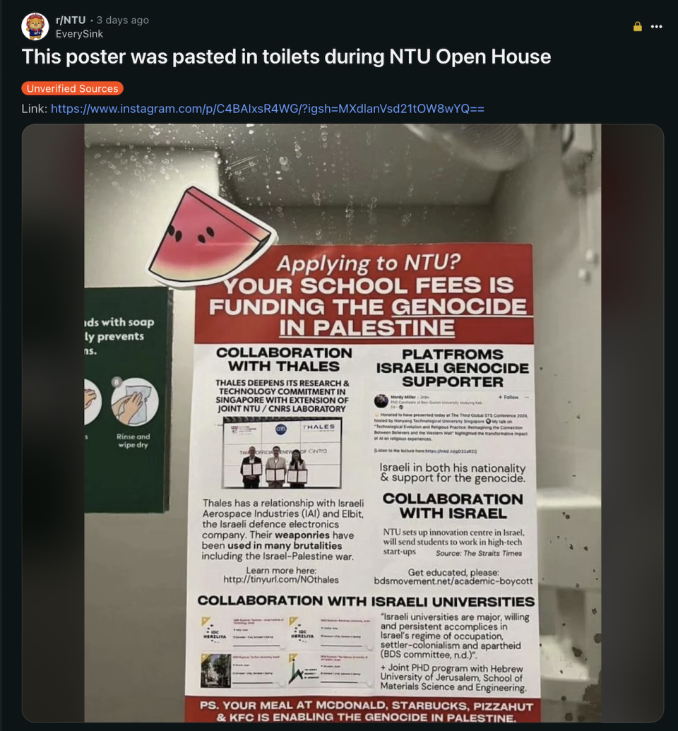 Alleged discovery of posters during NTU's Open House event, claiming school fees fund Palestine genocide, according to a Reddit post on Sunday