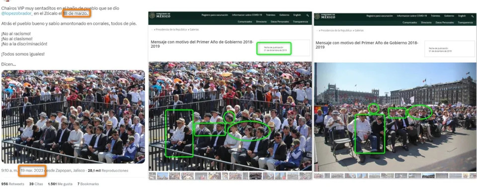 <span>Comparativo de una publicación difundida en Twitter (I) y las fotos publicadas en la galería del gobierno de México, hecho el 23 de marzo de 2023</span>