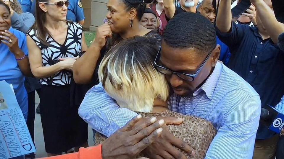 After being wrongly imprisoned for a double-homicide for the past 23 years, Lamonte McIntyre hugged his mother, Rosie McIntyre on Friday, Oct. 13, 2017, after walking out of the Wyandotte County Courthouse.