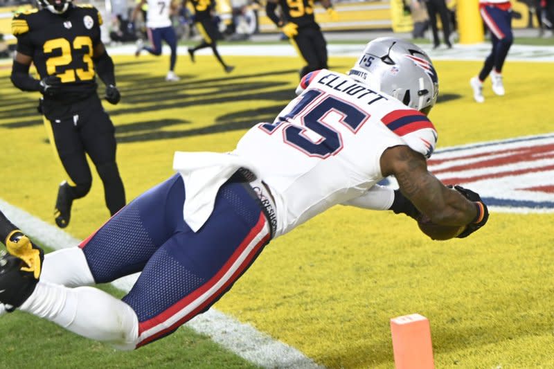 Running back Ezekiel Elliott (R) scored five touchdowns last season for the New England Patriots. File Photo by Archie Carpenter/UPI