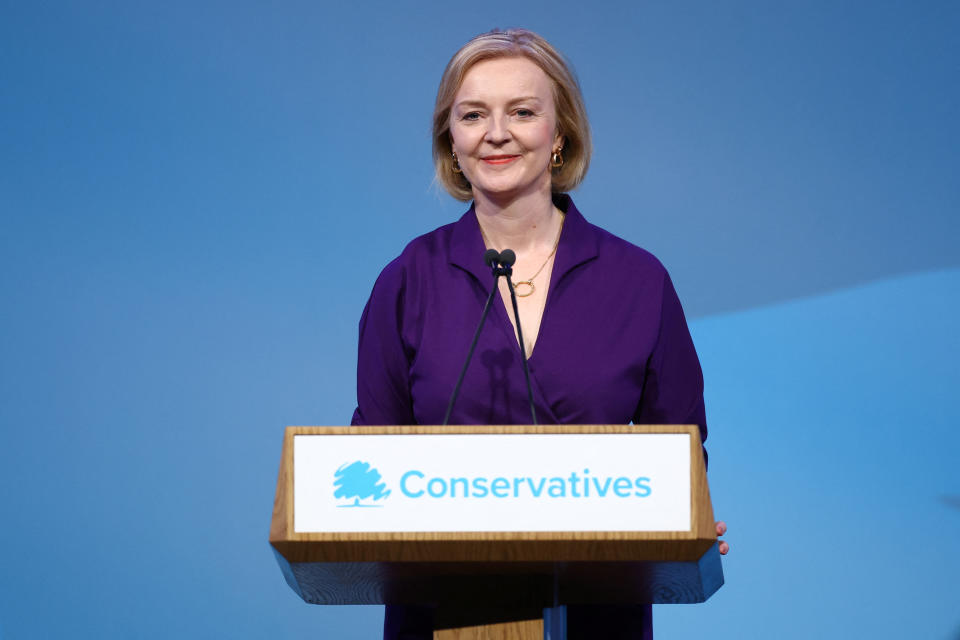 Liz Truss speaks after being announced as Britain's next Prime Minister at The Queen Elizabeth II Centre in London, Britain September 5, 2022. REUTERS/Hannah McKay