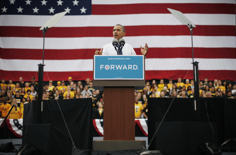 President Barack Obama speaks during a campaign event at the Univ. of Iowa, Friday, Sept. 7, 2012 in Iowa City, Iowa. (AP Photo/Pablo Martinez Monsivais)