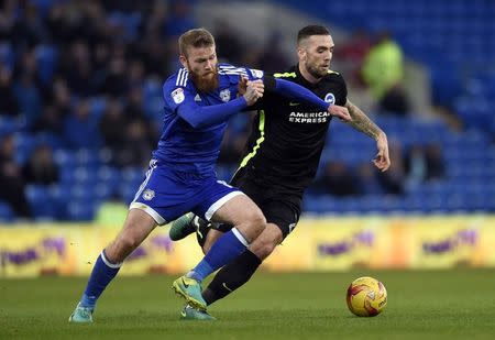 Britain Football Soccer - Cardiff City v Brighton & Hove Albion - Sky Bet Championship - Cardiff City Stadium - 3/12/16 Cardiff City's Aron Gunnarsson in action with with Brighton and Hove Albion's Shane Duffy Mandatory Credit: Action Images / Adam Holt Livepic