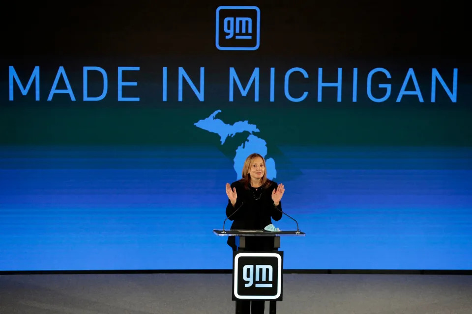 GM CEO Mary Barra announces an investment of more than $7 billion in four Michigan manufacturing sites in January, including a new Ultium Cells battery cell plant in Lansing. (JEFF KOWALSKY/AFP via Getty Images)