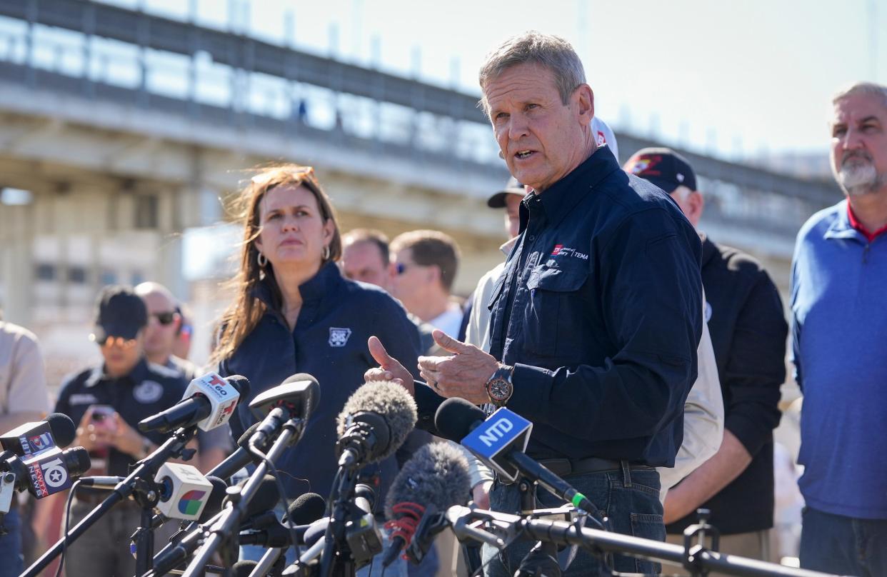 Tennessee Gov. Bill Lee speaks at a press conference about border policies in Shelby Park in Eagle Pass on Sunday February 4, 2024.