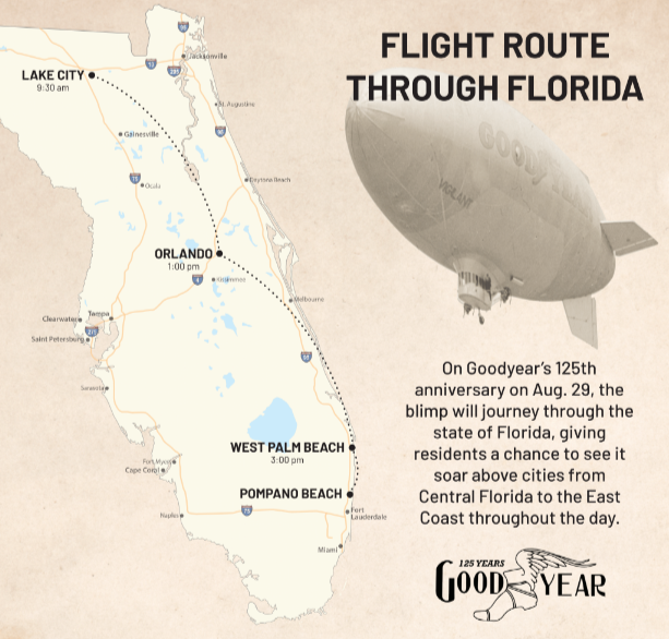The Goodyear blimp's path through Florida on Tuesday, Aug. 29.