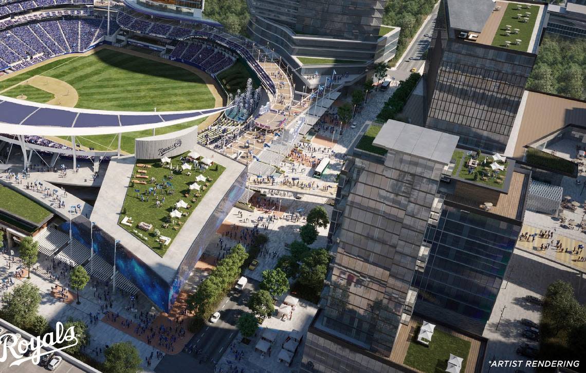 A rendering, provided by the Royals, of what a new downtown Kansas City ballpark could look like.