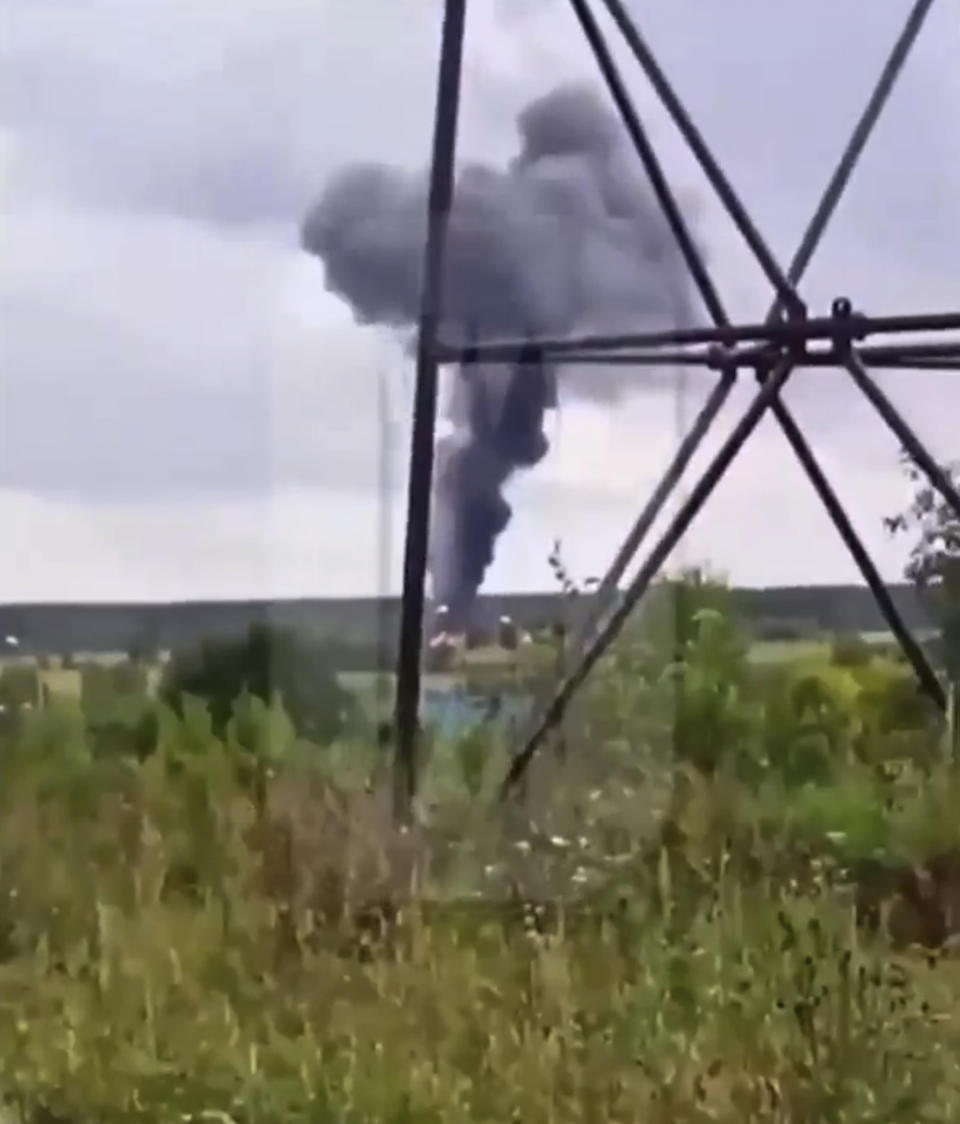 In this image taken from video released by Ostorozhno Novosti on Wednesday, Aug. 23, 2023, shows the crash site of a private jet near the village of Kuzhenkino, Tver Region. Officials say a private jet has crashed over Russia, killing all 10 people on board. Mercenary chief Yevgeny Prigozhin was on the passenger list, but it wasn't immediately clear if he was on board. (Ostorozhno Novosti via AP)