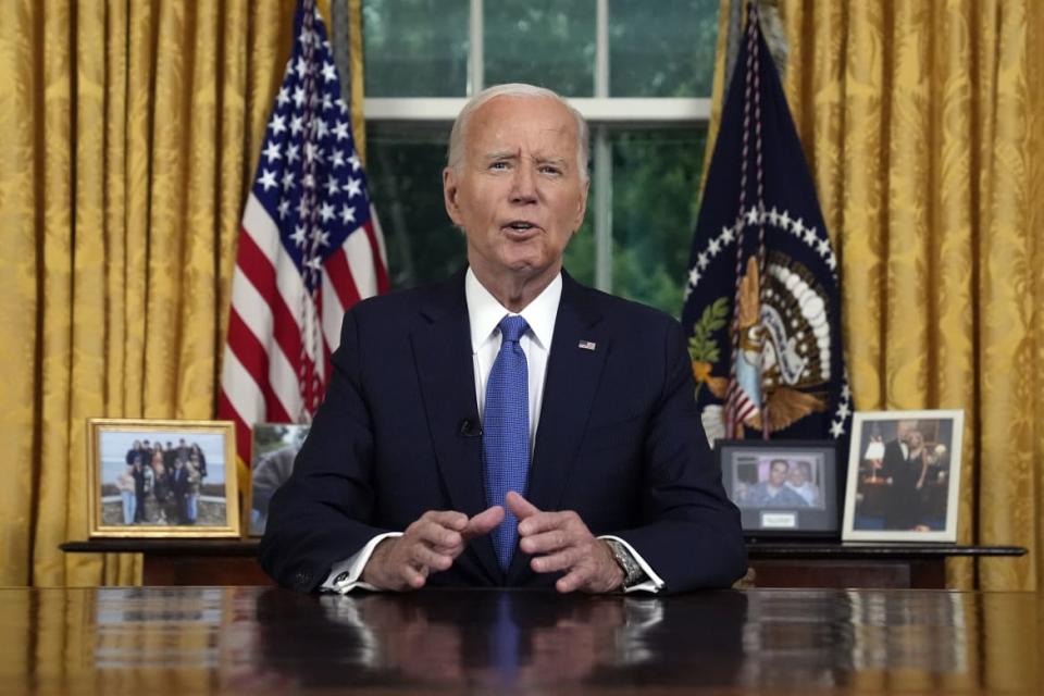 U.S. President Joe Biden speaks from the Oval Office of the White House on July 24, 2024 in Washington, DC.  