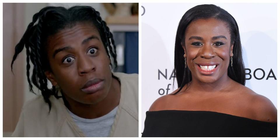 <p>In <em>Orange Is The New Black</em>, Uzo Aduba plays Suzanne Warren, better known as "Crazy Eyes" to many of the women in the prison. In the show, Crazy Eyes is always in a neutral prison jumpsuit and is known for her super wide-eyed look. Aduba is the total opposite on the red carpet—sleek, stylish and composed.</p>