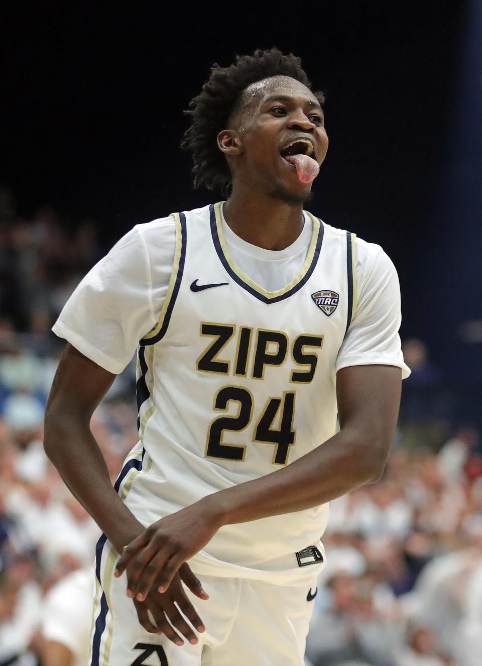 Akron Zips guard Ali Ali celebrates after making a first-half shot against Kent State, Friday, Feb. 23, 2024.