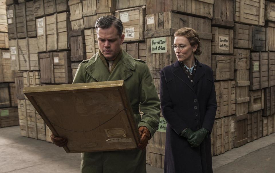 This image released by Columbia Pictures shows Matt Damon, left, and Cate Blanchett in "The Monuments Men." (AP Photo/Columbia Pictures, Claudette Barius, file)