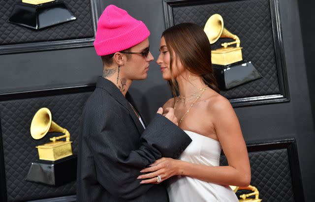 <p>Getty Images</p> Justin Bieber and Hailey Bieber at the 2022 Grammys