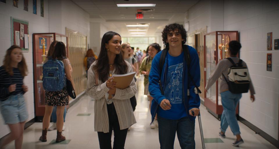 Freddy (Jack Dylan Grazer) meets the new girl in school, Anthea (Rachel Zegler), in "Shazam! Fury of the Gods."