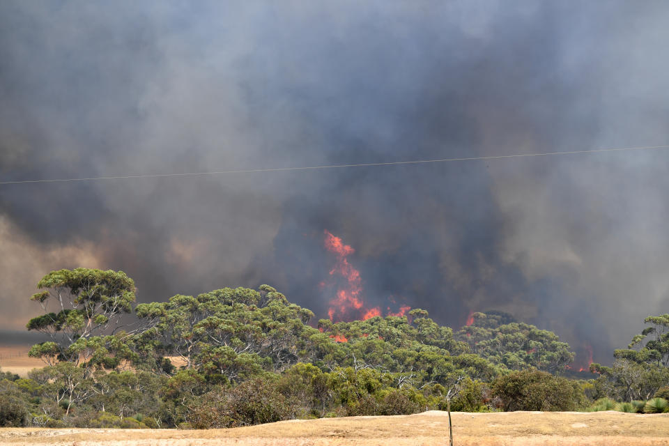 A general view of the bushfires sweeping through Stokes Bay on Kangaroo Island, southwest of Adelaide.