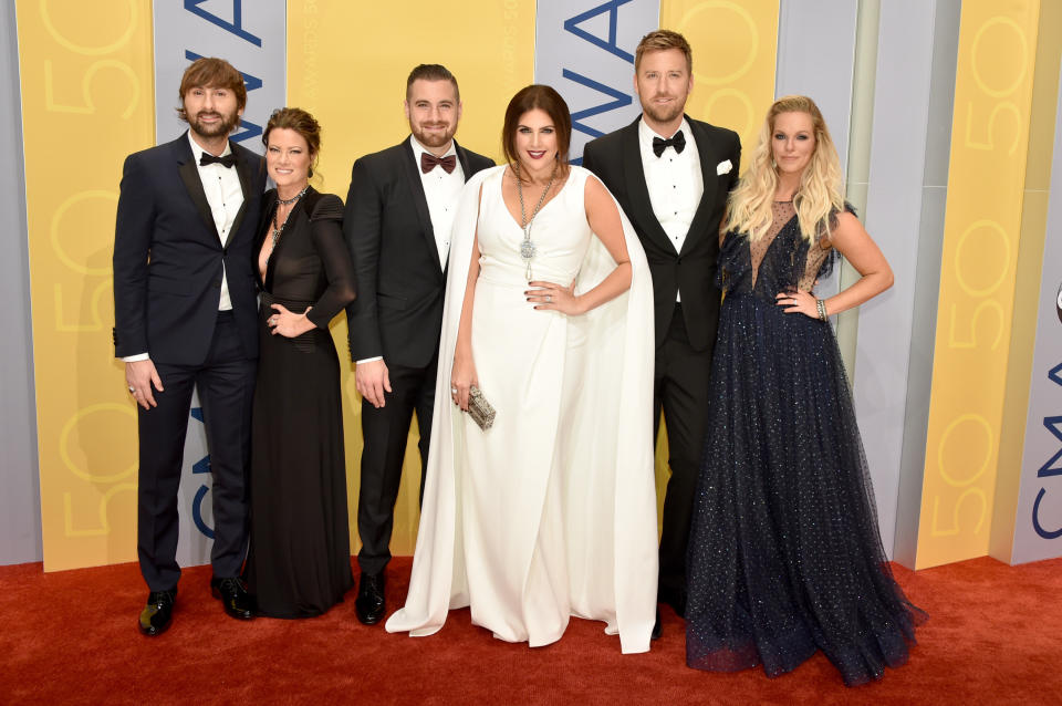 NASHVILLE, TN - NOVEMBER 02:  Dave Haywood of Lady Antebellum, Kelli Cashiola, Chris Tyrrell, Hillary Scott, Charles Kelley of Lady Antebellum and Cassie McConnell attend the 50th annual CMA Awards at the Bridgestone Arena on November 2, 2016 in Nashville, Tennessee.  (Photo by John Shearer/WireImage)