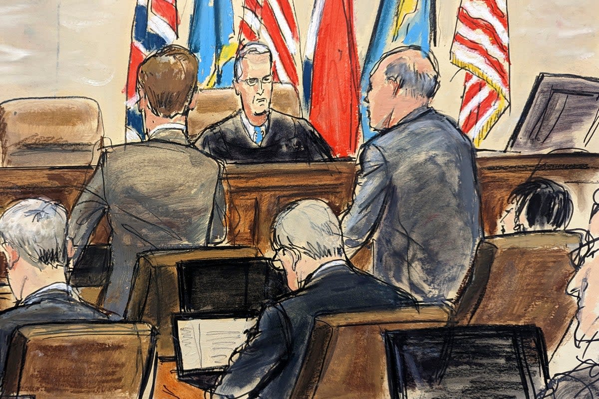 Artist’s sketch depicting Dominion Voting Systems attorney Justin Nelson, standing left, and Fox News attorney Daniel Webb, standing at right, speaking to Judge Eric Davis before finishing jury selection (AP)