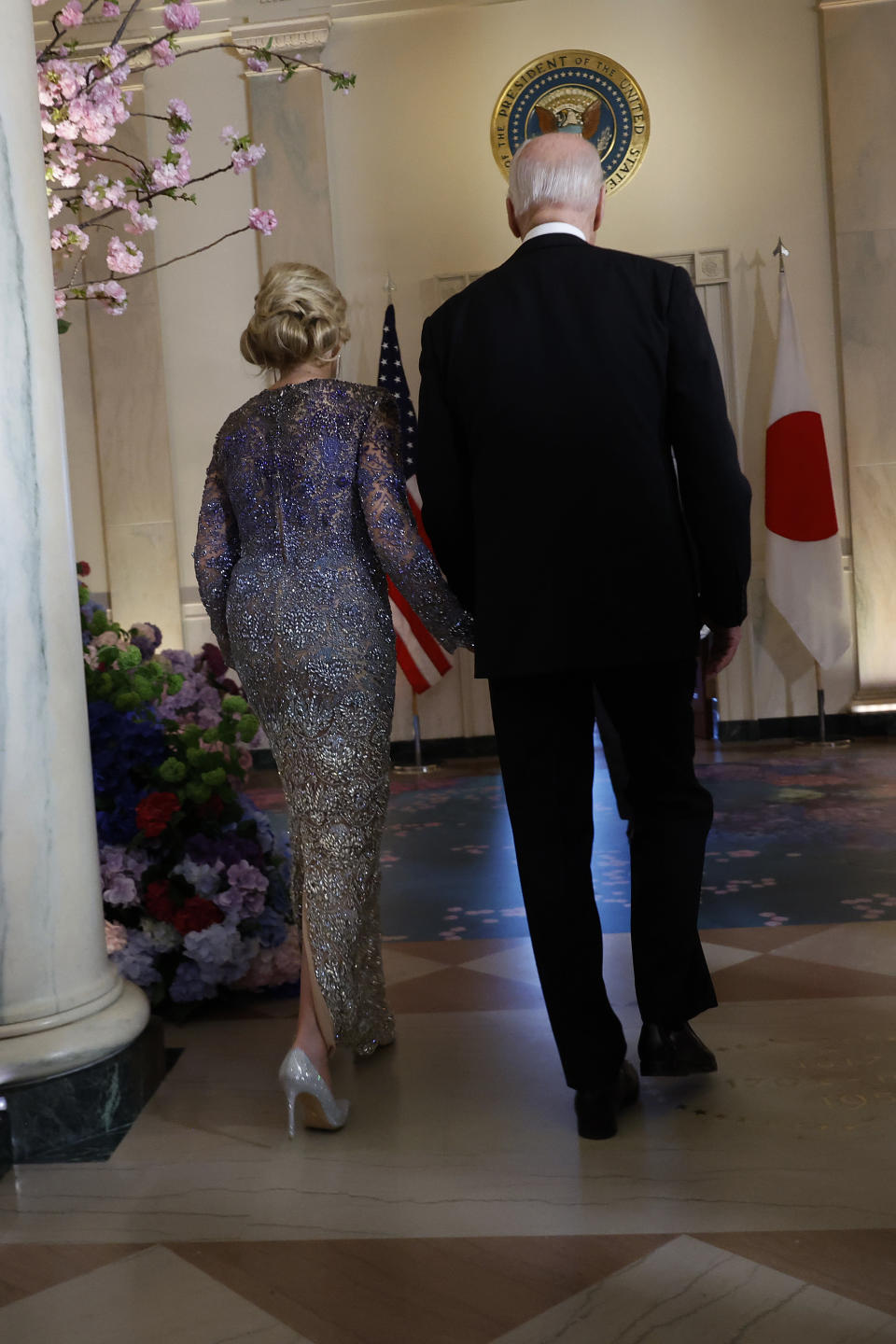 WASHINGTON, DC - APRIL 10: U.S. President Joe Biden and first lady Jill Biden head into the Blue Room while hosting Japanese Prime Minister Fumio Kishida for a state dinner in the East Room of the White House on April 10, 2024 in Washington, DC. Biden welcomed Kishida for an official state visit where the two leaders announced new agreements on technology and strengthening military and economic partnerships against Chinese aggression in the Indo-Pacific region. (Photo by Chip Somodevilla/Getty Images)