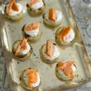 <p>These baby smoked salmon potato cakes are perfect for when you have guests.</p><p><strong>Recipe: <a href="https://www.goodhousekeeping.com/uk/food/recipes/a536571/baby-smoked-salmon-potato-cakes/" rel="nofollow noopener" target="_blank" data-ylk="slk:Baby smoked salmon potato cakes;elm:context_link;itc:0;sec:content-canvas" class="link ">Baby smoked salmon potato cakes</a></strong></p>
