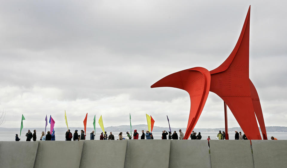 FILE - This Jan. 20, 2007 file photo shows the "Eagle" sculpture by Alexander Calder, during the grand opening and dedication of the Olympic Sculpture Park in Seattle. The Seattle Art Museum opened the art park on the downtown waterfront in 2007 to bring a free cultural experience to visitors. (AP Photo/Dustin Snipes, file)