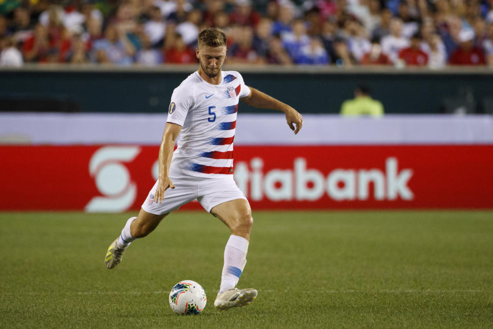 FILE - In this June 30, 2019, file photo, United States' Walker Zimmerman plays the ball during a CONCACAF Gold Cup soccer match against Curacao in Philadelphia. As Nashville SC embarks on its first Major League Soccer season, veteran defender Walker Zimmerman has been surprised by how quickly the team has coalesced. He knows a bit about expansion teams having been on LAFC’s original roster. (AP Photo/Matt Slocum, File)