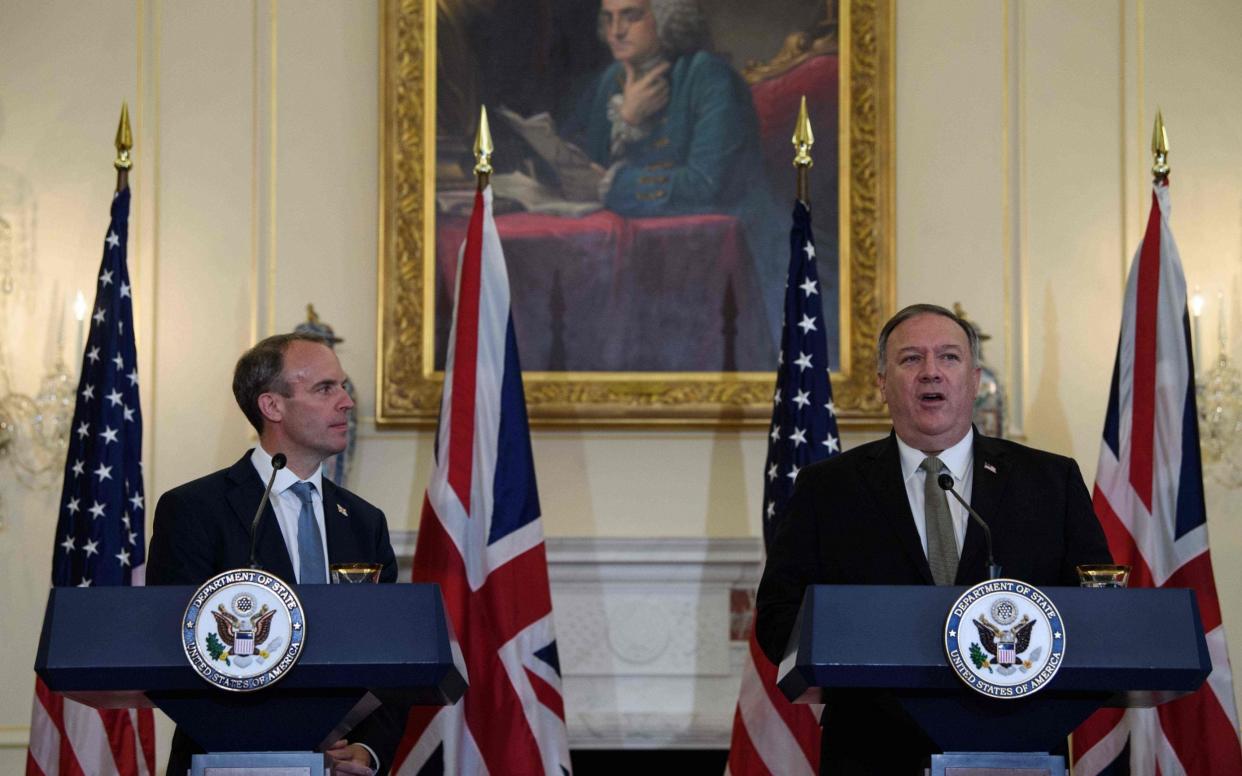 US Secretary of State Mike Pompeo speaks at a press conference with British Foreign Secretary Dominic Raab - NICHOLAS KAMM/POOL/AFP via Getty Images