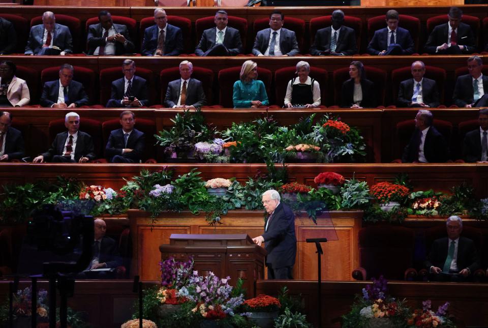 President M. Russell Ballard, acting president of the Quorum of the Twelve Apostles of The Church of Jesus Christ of Latter-day Saints, walks to the podium during the Sunday morning session of the 193rd Semiannual General Conference of The Church of Jesus Christ of Latter-day Saints at the Conference Center in Salt Lake City on Sunday, Oct. 1, 2023. | Jeffrey D. Allred, Deseret News