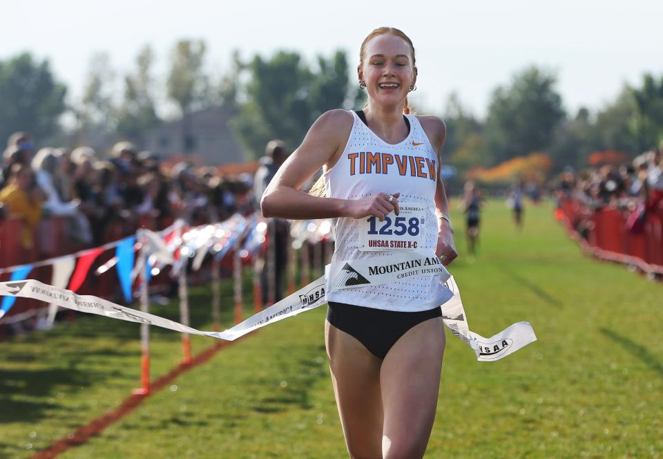 Jane Hedengren of Timpview crossed the finish line to win the 5A girls cross-country state championship race at the Regional Athletic Complex in Rose Park on Tuesday, Oct. 24, 2023. | Jeffrey D. Allred, Deseret News