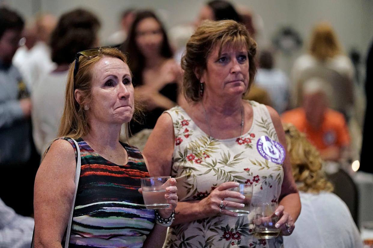 Danette Searle (left) and Tricia Baldwin watch results at an election watch party for Value them Both, a group in favor of a constitutional amendment removing abortion protections from the Kansas constitution, Tuesday in Overland Park, Kan