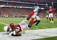 <p>Wide receiver Chad Williams #10 of the Arizona Cardinals falls out of bounds during the first quarter against the Seattle Seahawks at State Farm Stadium on September 30, 2018 in Glendale, Arizona. (Photo by Ralph Freso/Getty Images) </p>