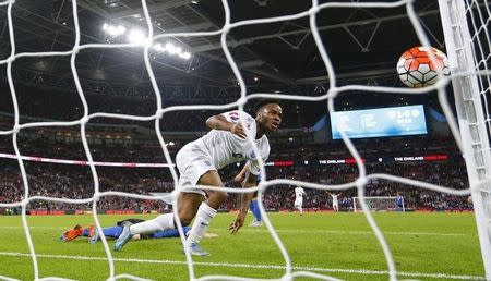 Football - England v Estonia - UEFA Euro 2016 Qualifying Group E - Wembley Stadium, London, England - 9/10/15 England's Raheem Sterling celebrates after scoring their second goal Reuters / Darren Staples Livepic