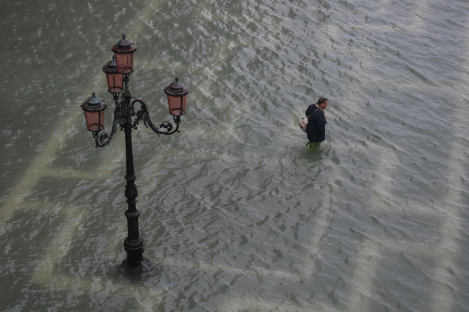 VENICE, ITALY - NOVEMBER 15: A flooded St. Mark's square (Piazza San Marco) during a new exceptional high tide on November 15, 2019 in Venice, Italy. A new exceptional high tide of 160 cm was registered today at 11.20 am. Venice saw its second ever highest tide on the night of November 12th, two people were killed and mayor Luigi Brugnaro declared a state of emergency. (Photo by Simone Padovani/Awakening/Getty Images)