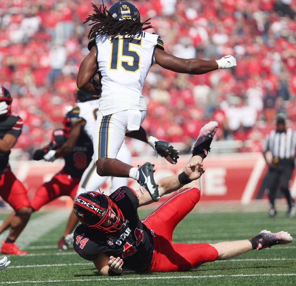 Utah Utes linebacker Shay O’Kelly (44) tries to tackle California Golden Bears wide receiver Monroe Young (14) in Salt Lake City on Saturday, Oct. 14, 2023. Utah won 34-14. | Jeffrey D. Allred, Deseret News