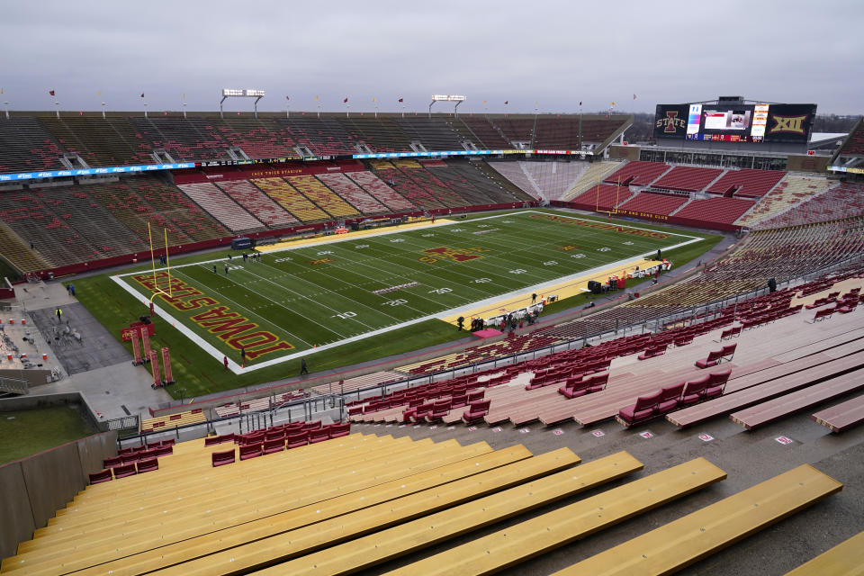 Jack Trice Stadium is seen before an NCAA college football game between Iowa State and West Virgina, Saturday, Nov. 5, 2022, in Ames, Iowa. College athletic programs of all sizes are reacting to inflation the same way as everyone else. They're looking for ways to save. Travel and food are the primary areas with increased costs. (AP Photo/Charlie Neibergall)