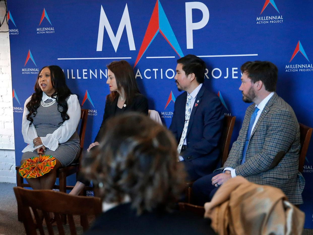 Layla Zaidane, president & CEO at Millennial Action Project, sits at left during the project's recent “Passing the Torch: How Young Legislators Shape Our Future" panel discussion. Joining Zaidane were, from left to right, members of The Oklahoma Future Caucus, state Rep. Ajay Pittman, state Sen. Jo Anna Dossett, state Rep. Daniel Pae and state Sen. John Michael Montgomery.