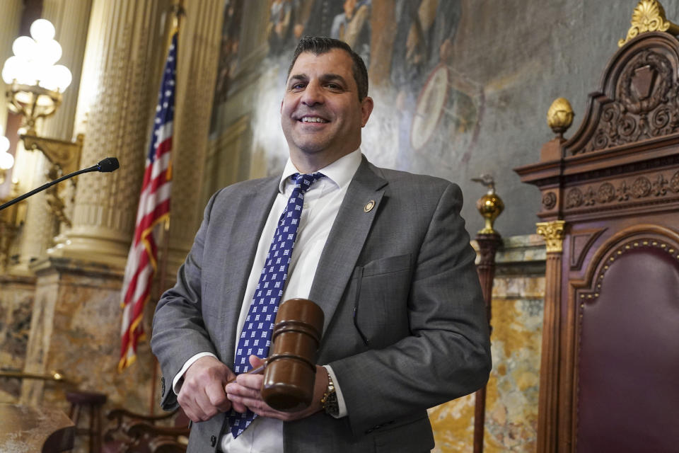 Pennsylvania Speaker of the House Mark Rozzi is photographed at the speaker's podium, Tuesday, Jan. 3, 2023, at the state Capitol in Harrisburg, Pa. (AP Photo/Matt Smith)