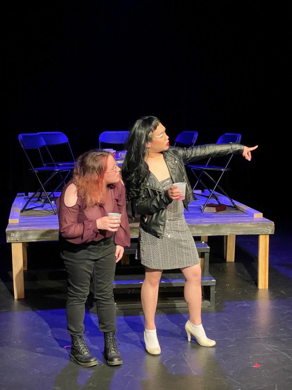 Emma Alexander, who plays the character Sapphron, and Dominique Nguyen, who plays the character Scotty, during a rehearsal for Loving God Boldly Together. The play will show at Cellar Theatre on Nov. 28 and Nov. 29 and then at Oconee Street Methodist on Dec. 2 and 3.